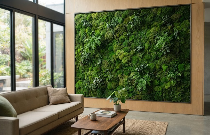 Living wall installation with dense layered greenery